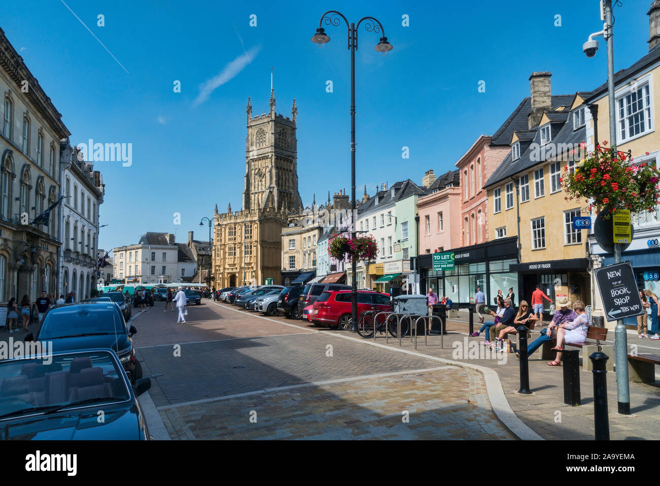 Cirencester; market place looking to St John Baptist Church, Gloucestershire; UK; England Stock Photo