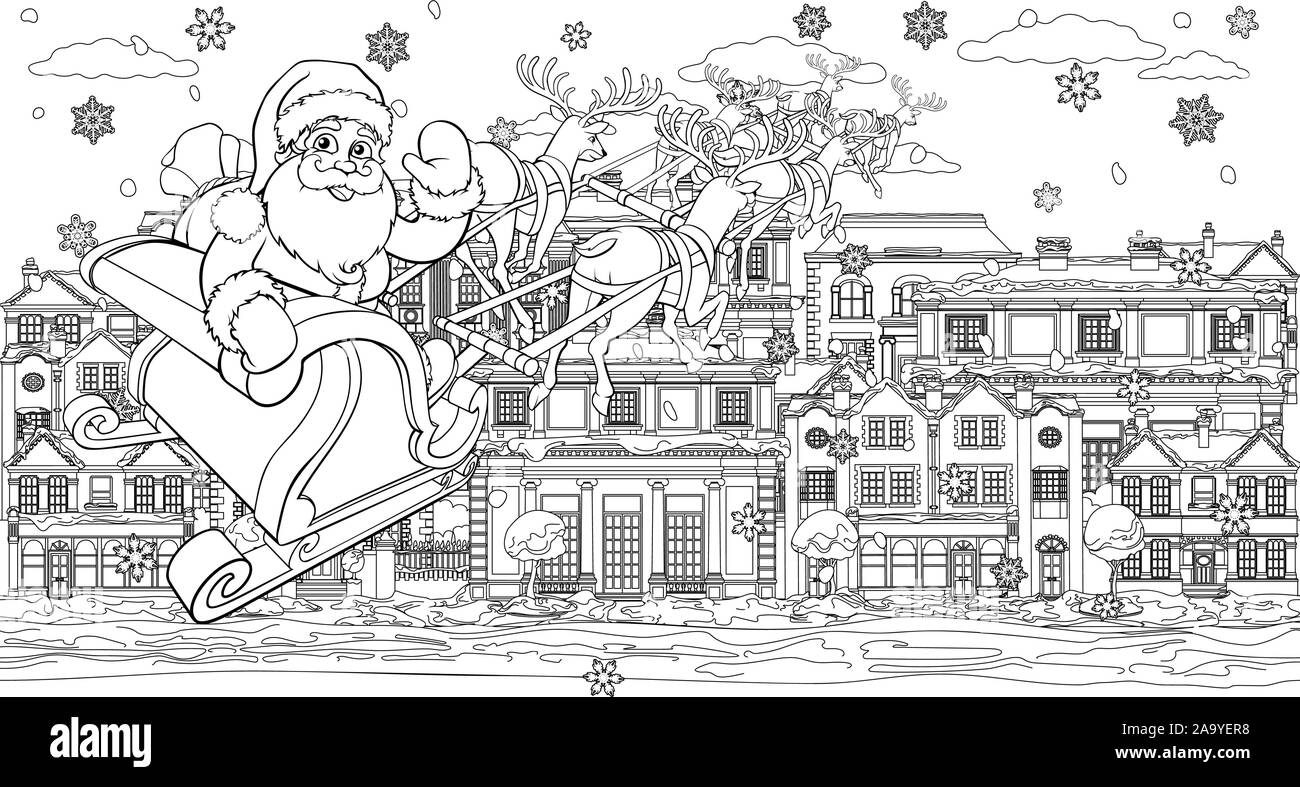 Santa Claus Christmas Street Scene Coloring Page Stock Vector