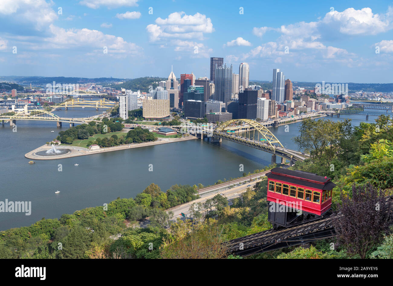 Aerial view of the downtown skyline from the top of the Duquesne Incline funicular, Pittsburgh, Pennsylvania, USA Stock Photo