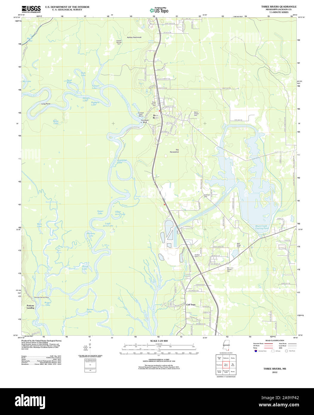 USGS TOPO Map Mississippi MS Three Rivers 20120416 TM Restoration Stock Photo