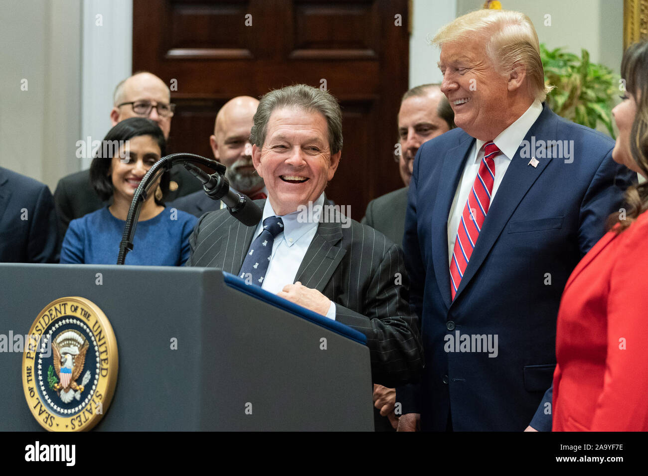 President Donald J. Trump listens as economist Arthur Laffer addresses his remarks during the Honesty and Transparency in Healthcare Prices meeting Friday, Nov. 15, 2019, in the Roosevelt Room of the White House. Stock Photo