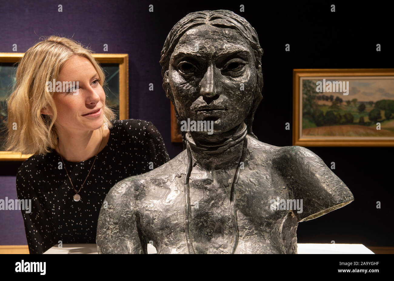 Bonhams, London, UK. 18th November 2019. Paul Nash, L.S Lowry, Paul Henry, Sickert and John Piper among the artists featured in the sale which takes place 20th November. Image: Sir Jacob Epstein (British, 1880-1959). Third Portrait Bust of Sunita (Bust with Necklace). £7,000-10,000. Credit: Malcolm Park/Alamy Live News. Stock Photo