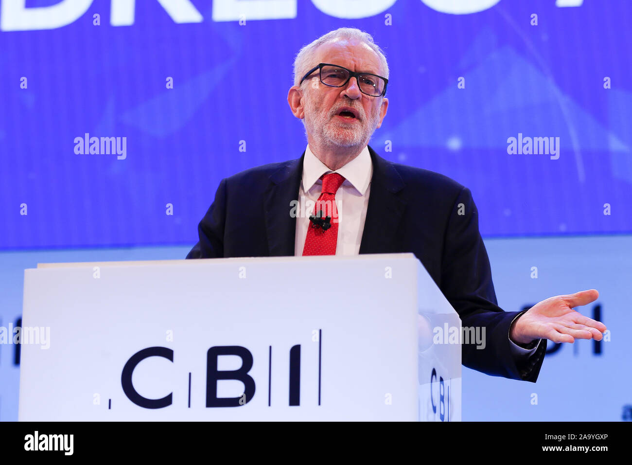 Leader of the Labour Party, Jeremy Corbyn makes a keynote political speech during the annual Confederation of British Industry (CBI) conference held in London. Stock Photo