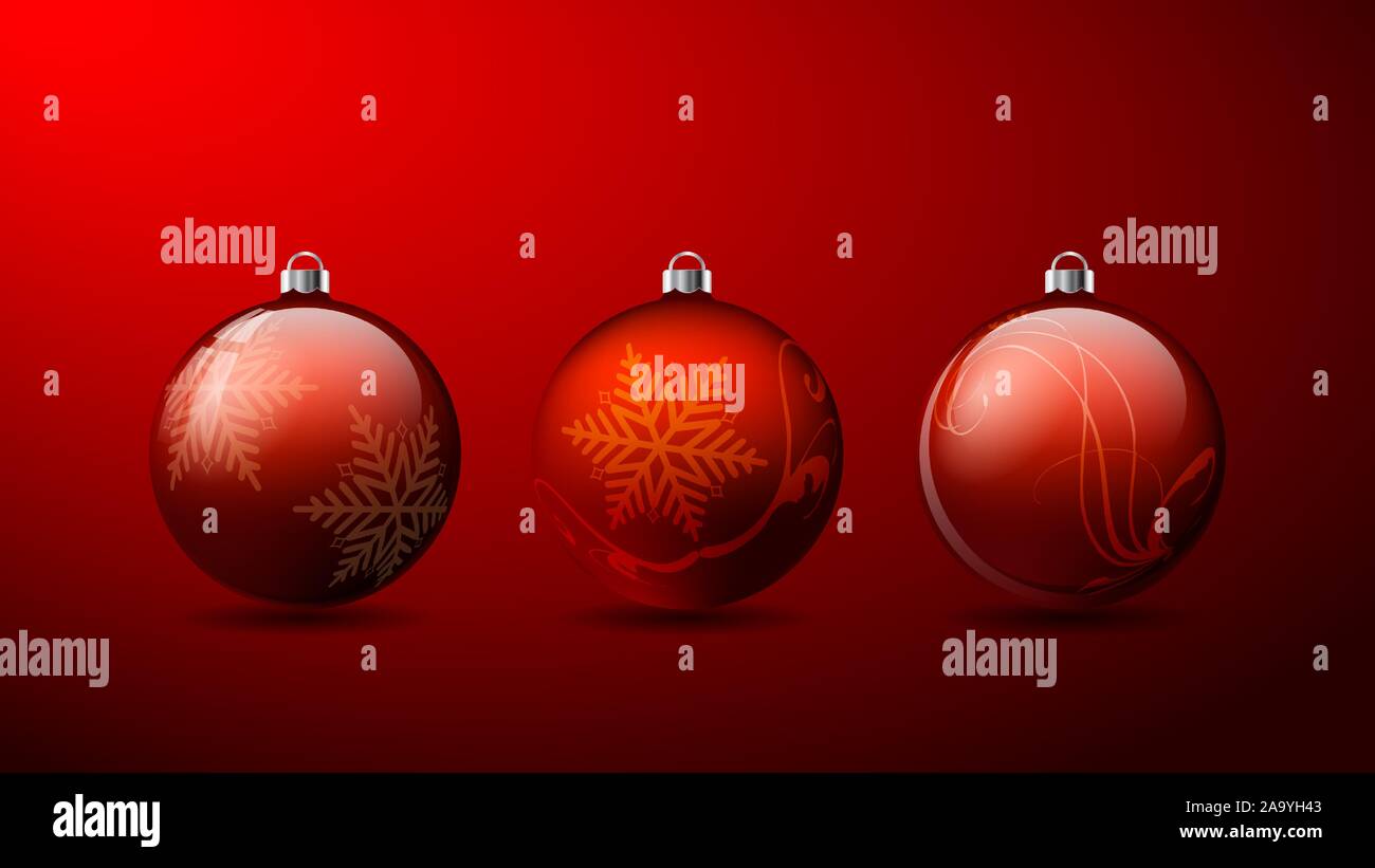 Set of three Red 3D Christmas balls with snowflake pattern and shadows ...