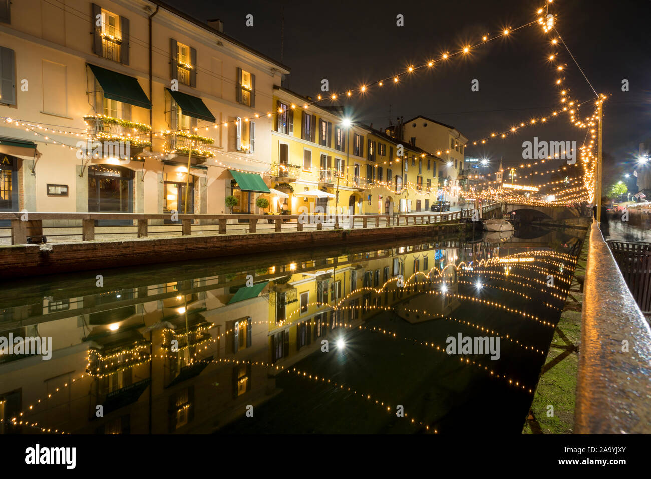 Naviglio Grande Canal Waterway In Milan Italy With Christmas Light Night View This District Is Famous For Its Restaurants Cafes And Nightlife Stock Photo Alamy