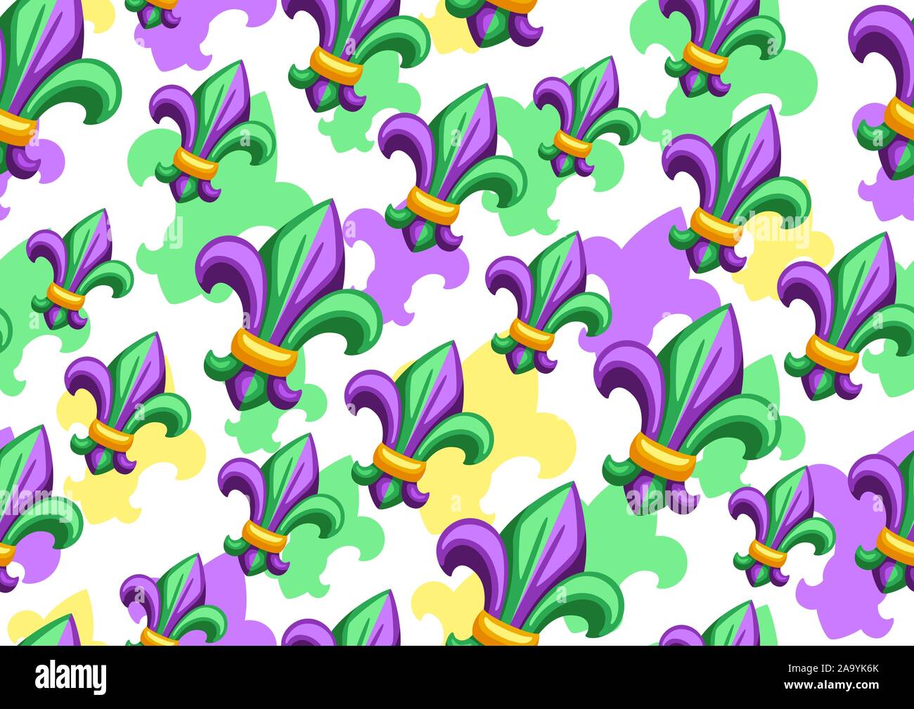 Seamless pattern with fleur de lis in Mardi Gras colors. Stock Vector