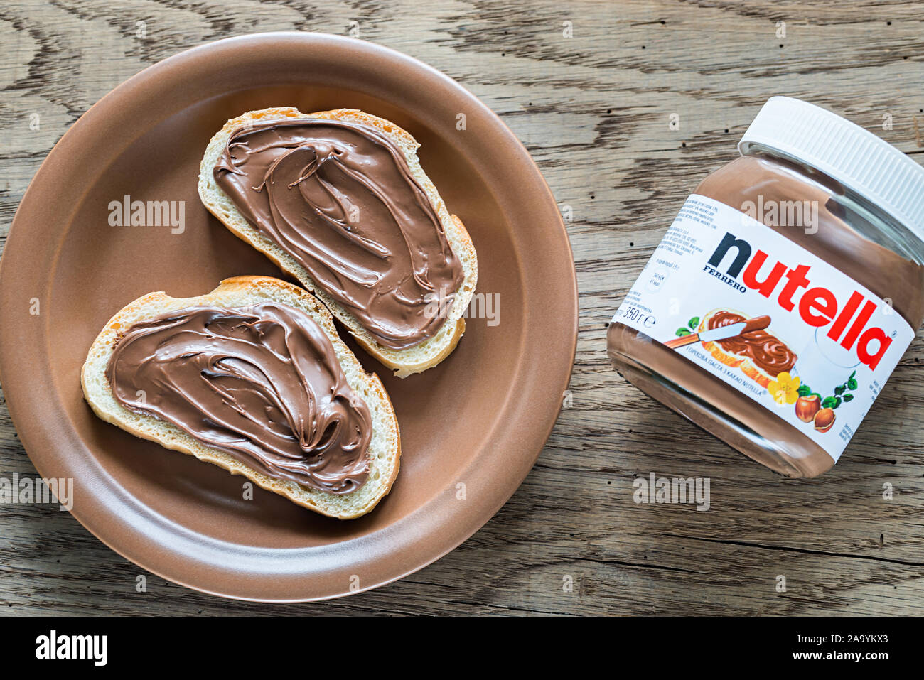SUMY, UKRAINE NOV 3, 2016 Nutella hazelnut spread jar. Nutella is a
