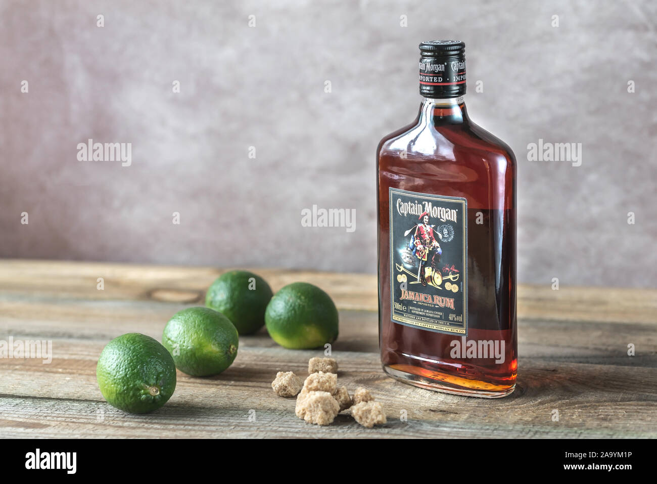 SUMY, UKRAINE - MAR 01, 2018: Captain Morgan rum bottle. Captain Morgan is a brand of rum and the second largest brand of spirits in the United States Stock Photo