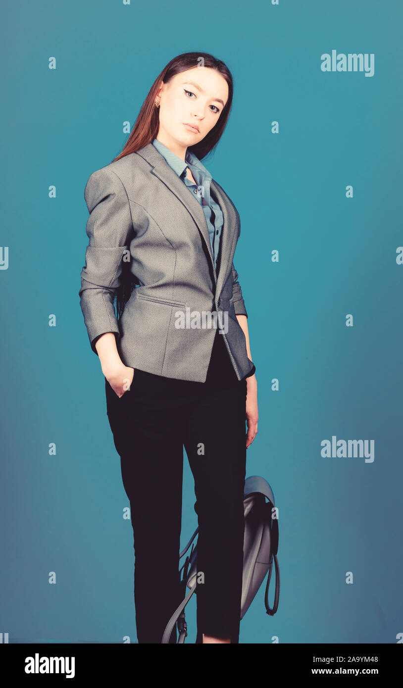 student life. Smart beauty. Nerd. girl student in formal clothes. stylish  woman in jacket with leather backpack. business. Shool girl with knapsack.  female bag fashion. Back to school Stock Photo - Alamy