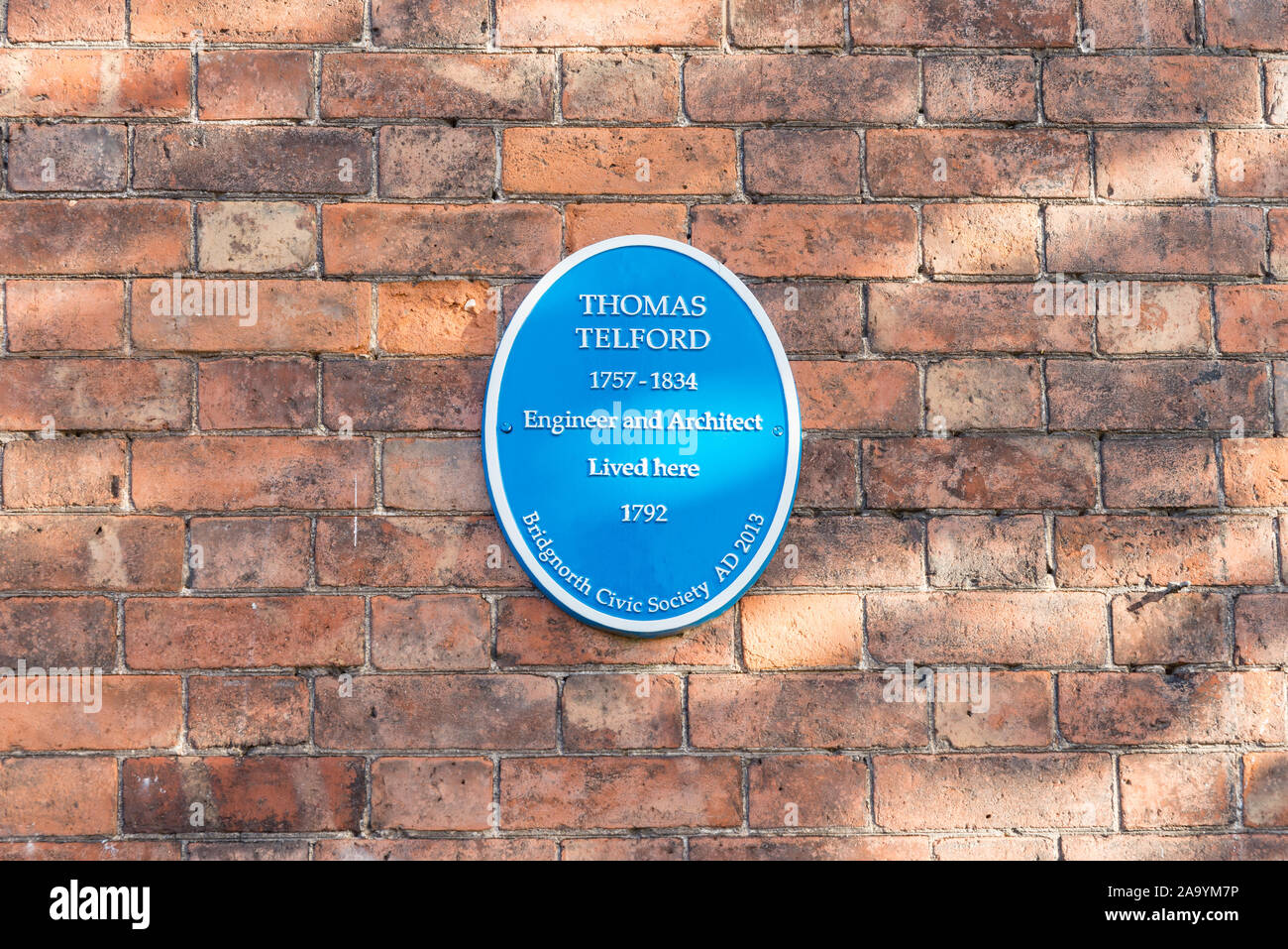 Bridgnorth Civic Society blue plaque marking house in Bridgnorth, Shropshire where Thomas Telford lived in 1792 Stock Photo