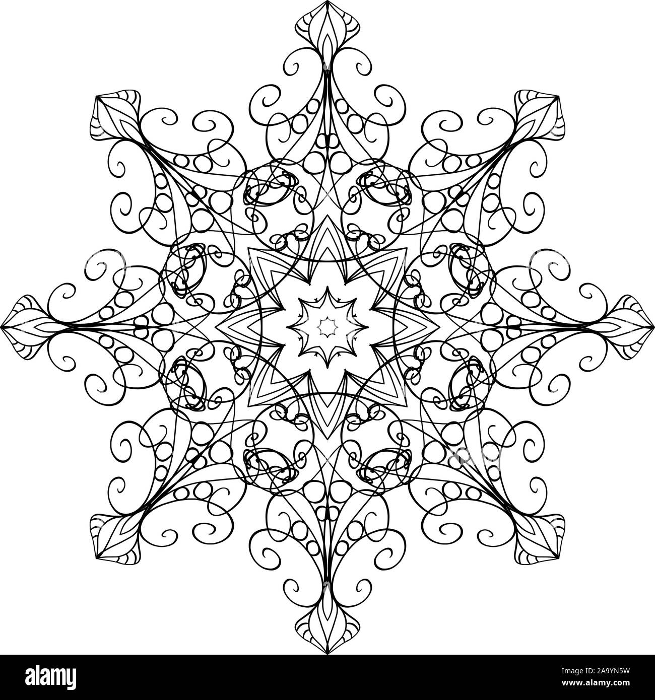 Vector pen and ink drawing of snow flake shape, round ornamental graphic design in mandala style. Stock Vector