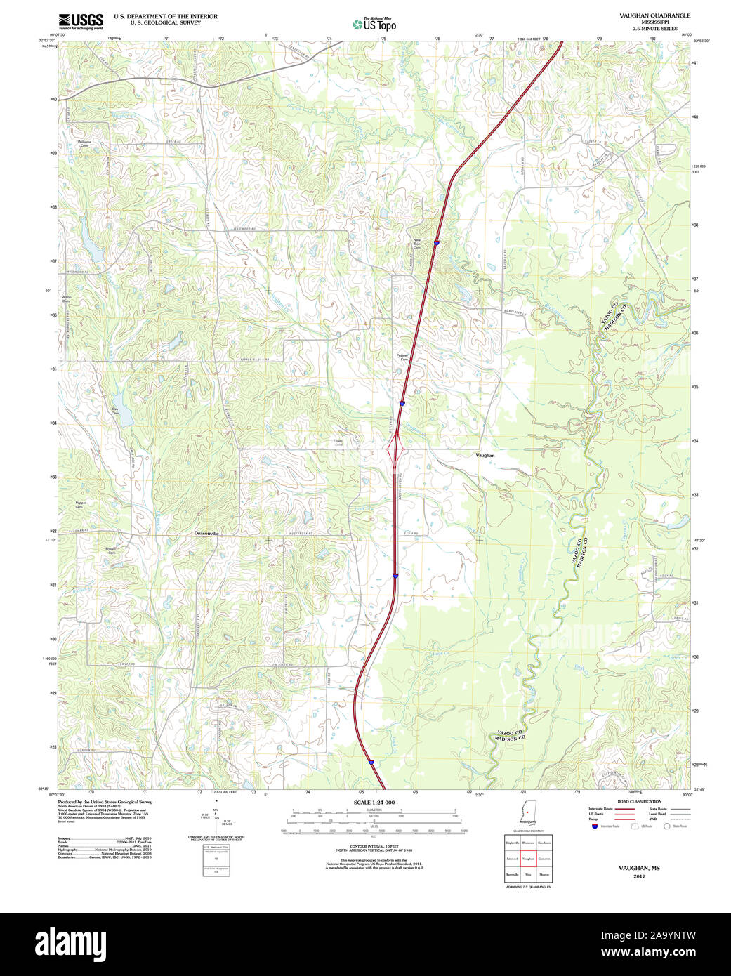 USGS TOPO Map Mississippi MS Vaughan 20120508 TM Restoration Stock Photo