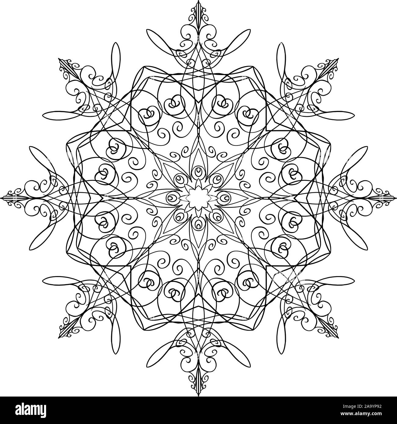 Vector pen and ink drawing of snow flake shape, round ornamental graphic design in mandala style. Stock Vector