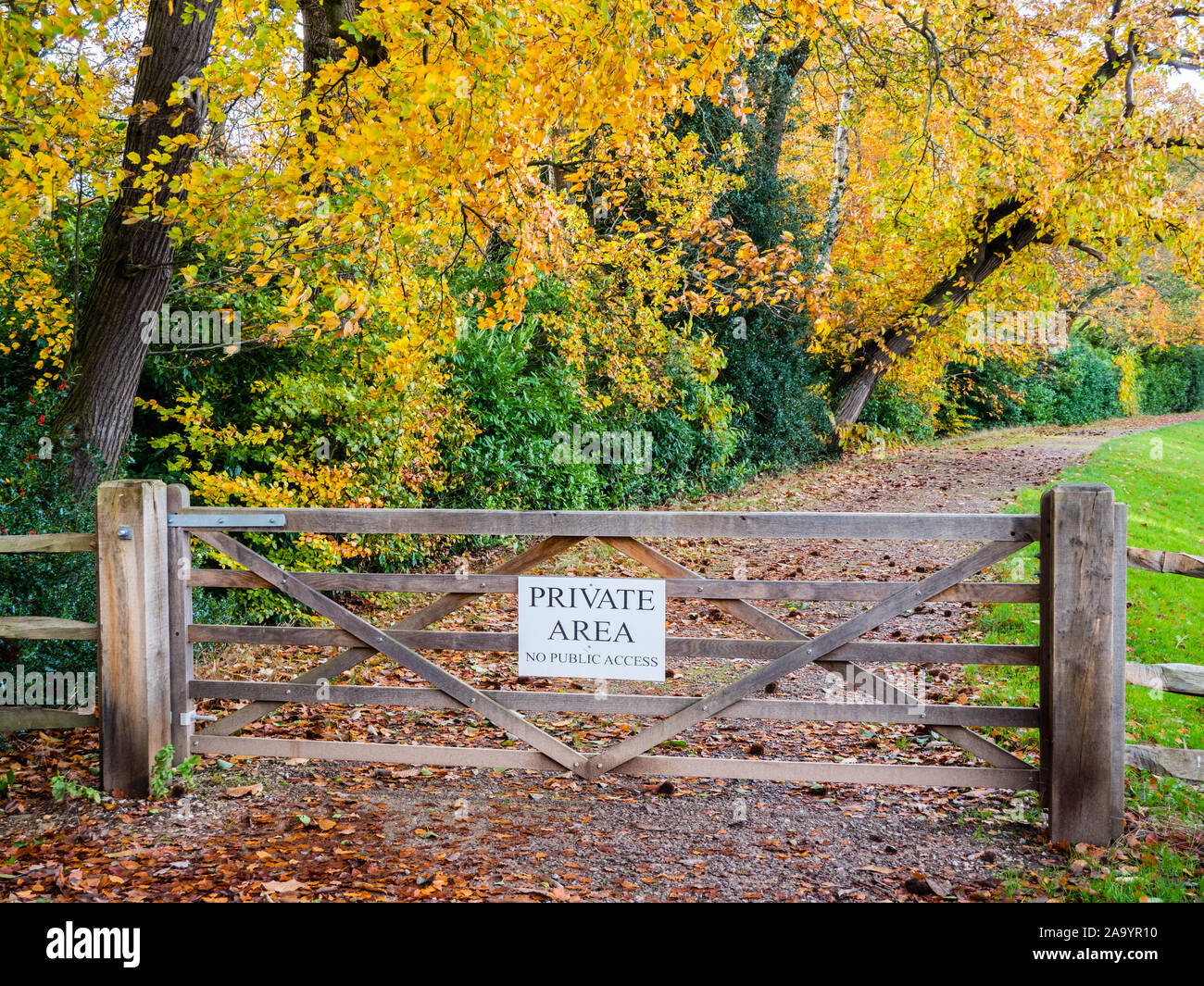 Private Area on the Edge of Virginia Water, Windsor Great Park, Surrey, England, UK, GB. Stock Photo