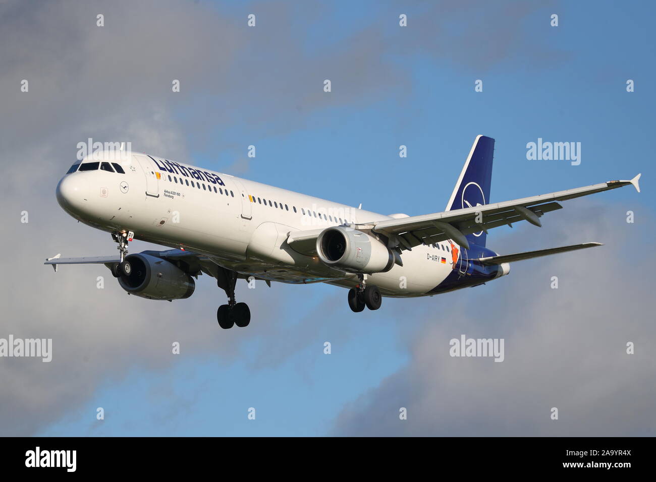 Lufthansa Airbus A321 D-AIRY in special livery sporting 'Die Maus', a children's cartoon character, landing at London Heathrow Airport, UK Stock Photo