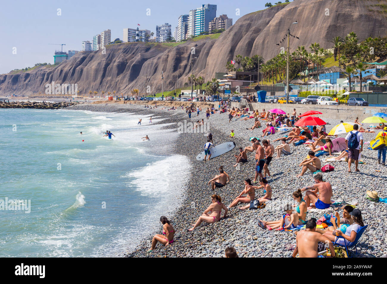 Crowded beach in Lima, Peru, district of Barranco. 20161120 Stock