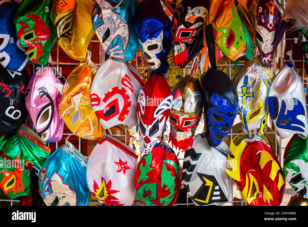 Arrangement of various luchador masks as a background Stock Photo - Alamy