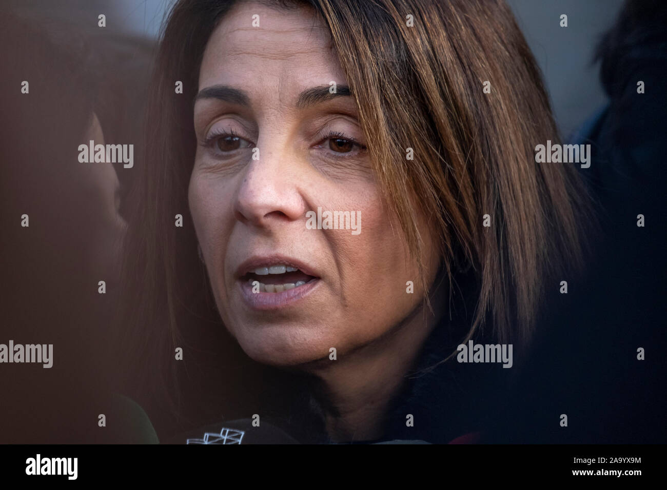 Meritxell Budó, Minister of the Presidency and spokesman for the Government of Generalidad of Catalonia speaks at a press conference during the trial of President Quim Torra.The president of the Generalitat of Catalonia Quim Torra has testified today before the Superior Court of Justice of Catalonia accused of disobeying the order to withdraw symbols for the independence of Catalonia from public buildings during the 28A election campaign. Stock Photo