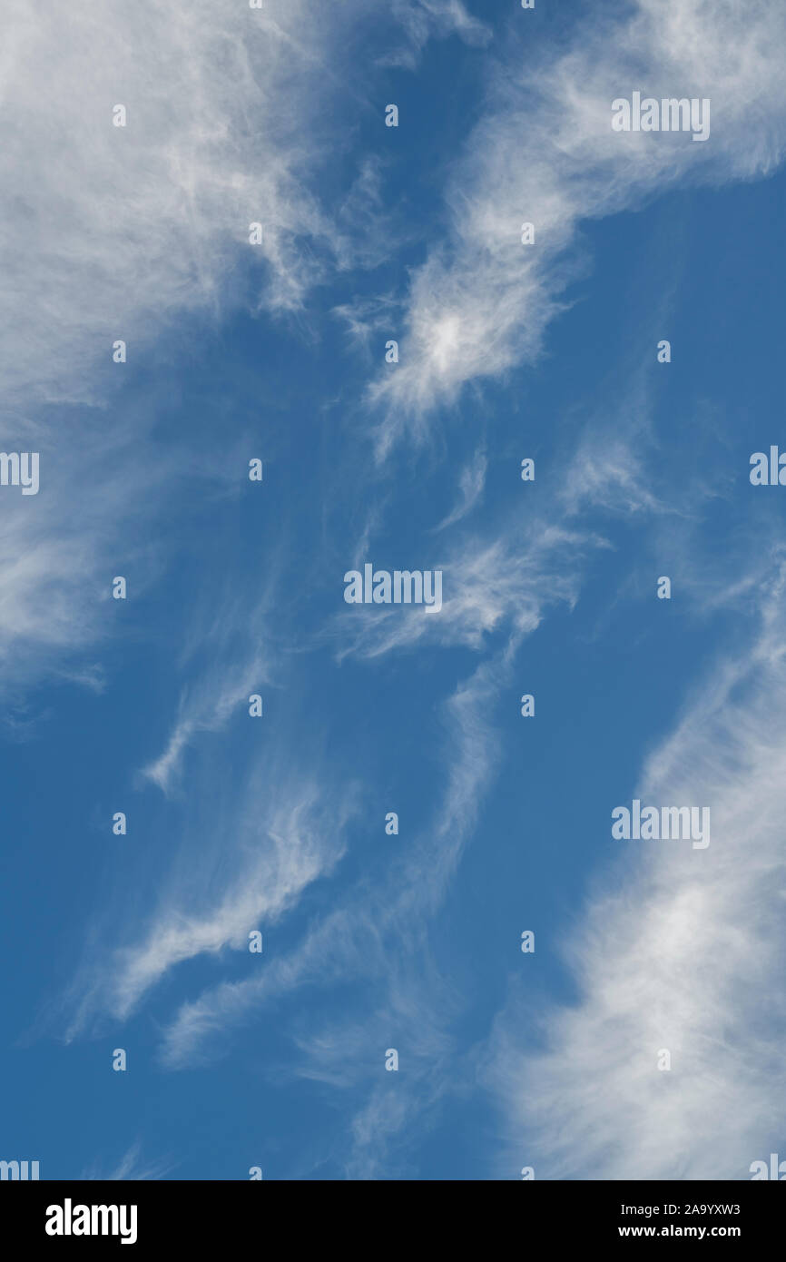 Wispy feathery cirrus clouds covering a blue sky. UK Stock Photo