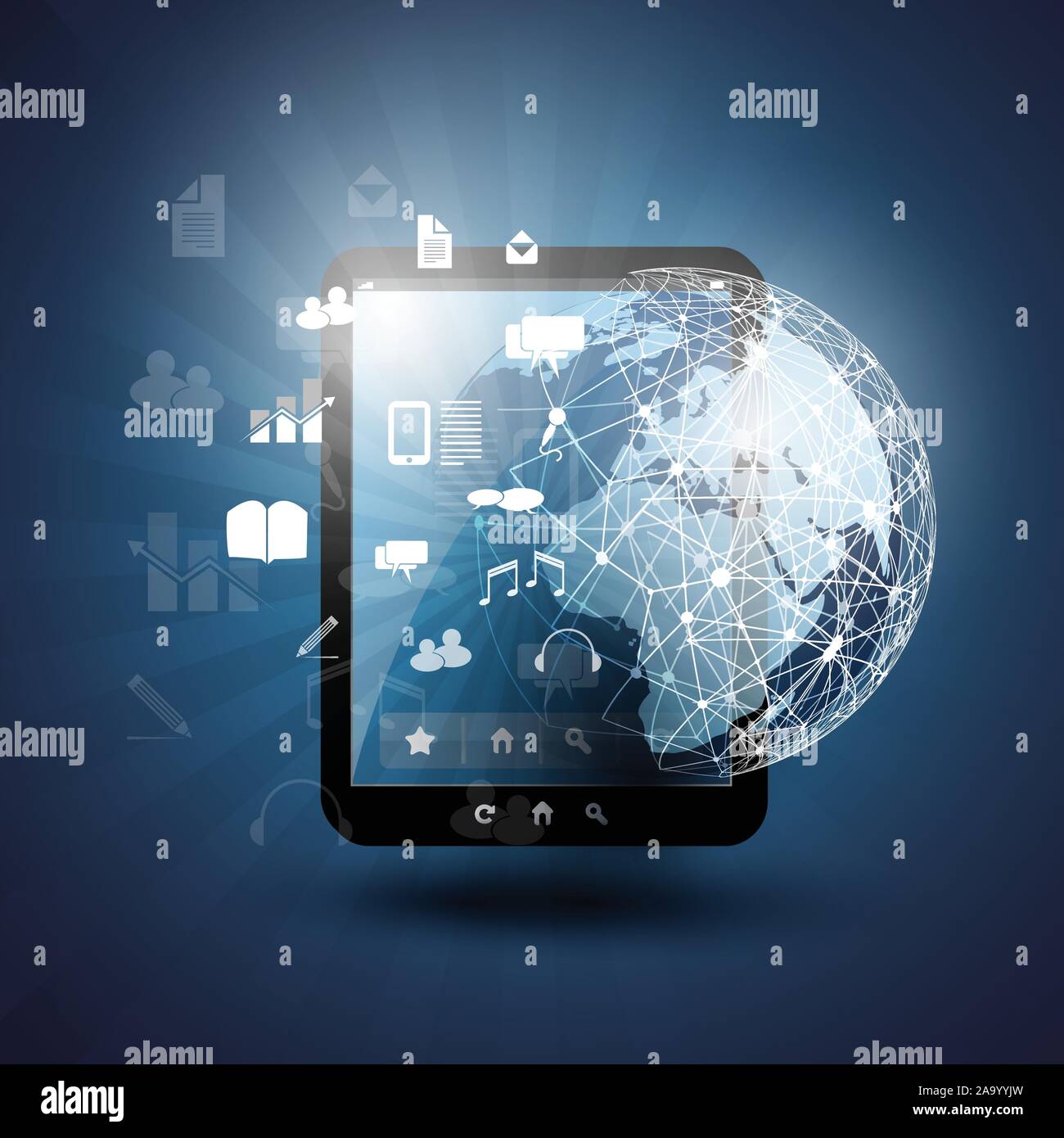 Global Networks Concept Design with Earth Globe, Tablet PC in the ...