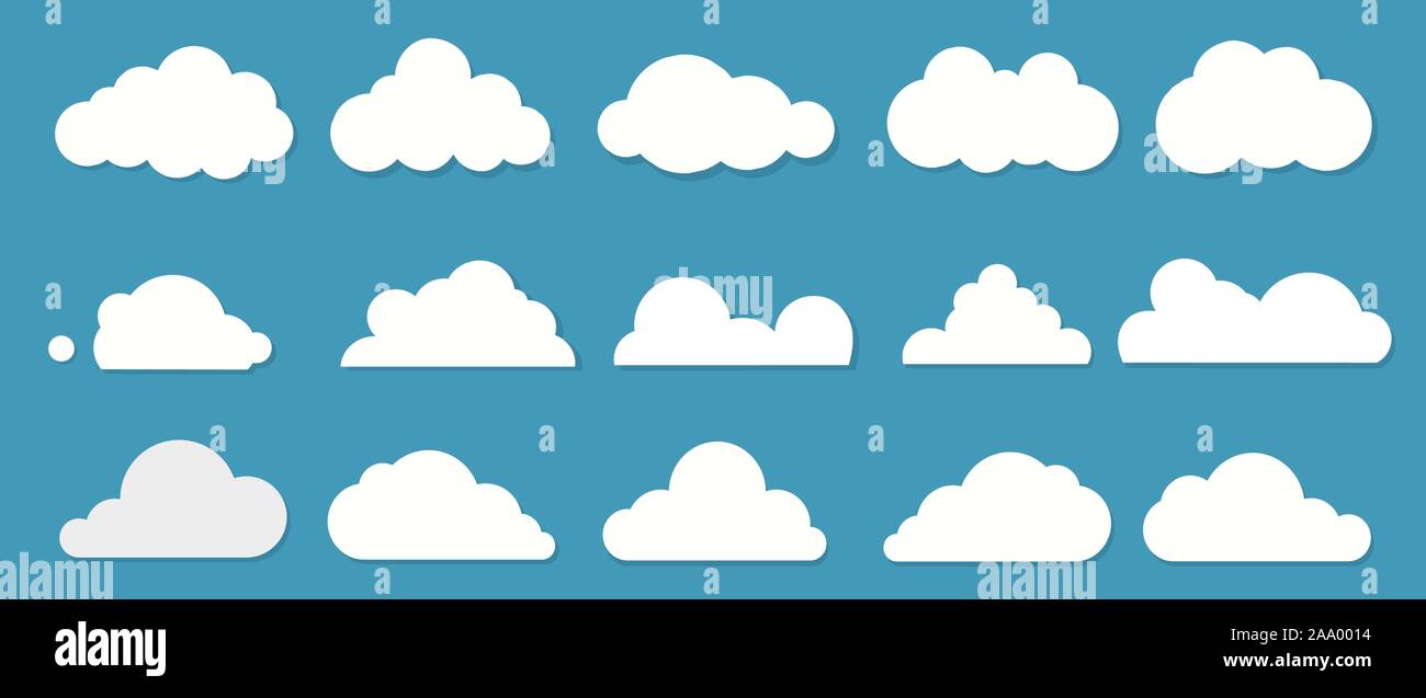 White flat clouds collection on the blue background. Vector Stock Vector