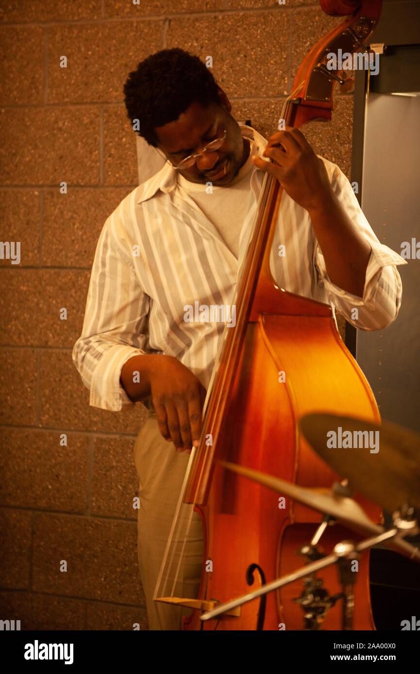 A musician plays the acoustic bass during a Black History Month event at the Johns Hopkins University in Baltimore, Maryland, January 31, 2009. From the Homewood Photography collection. () Stock Photo