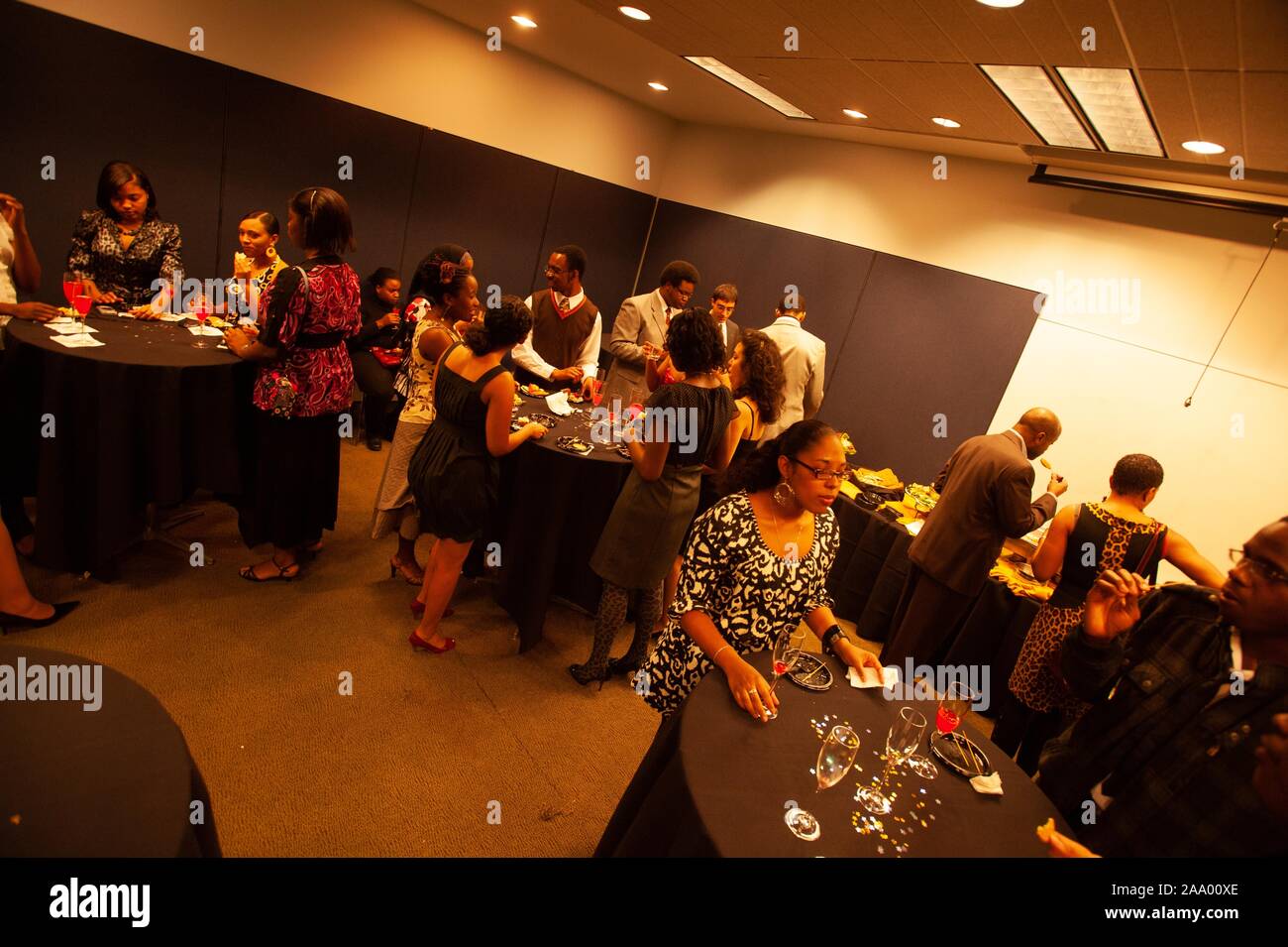 Guests gather at tables and converse during a Black History Month event at the Johns Hopkins University in Baltimore, Maryland, January 31, 2009. From the Homewood Photography collection. () Stock Photo