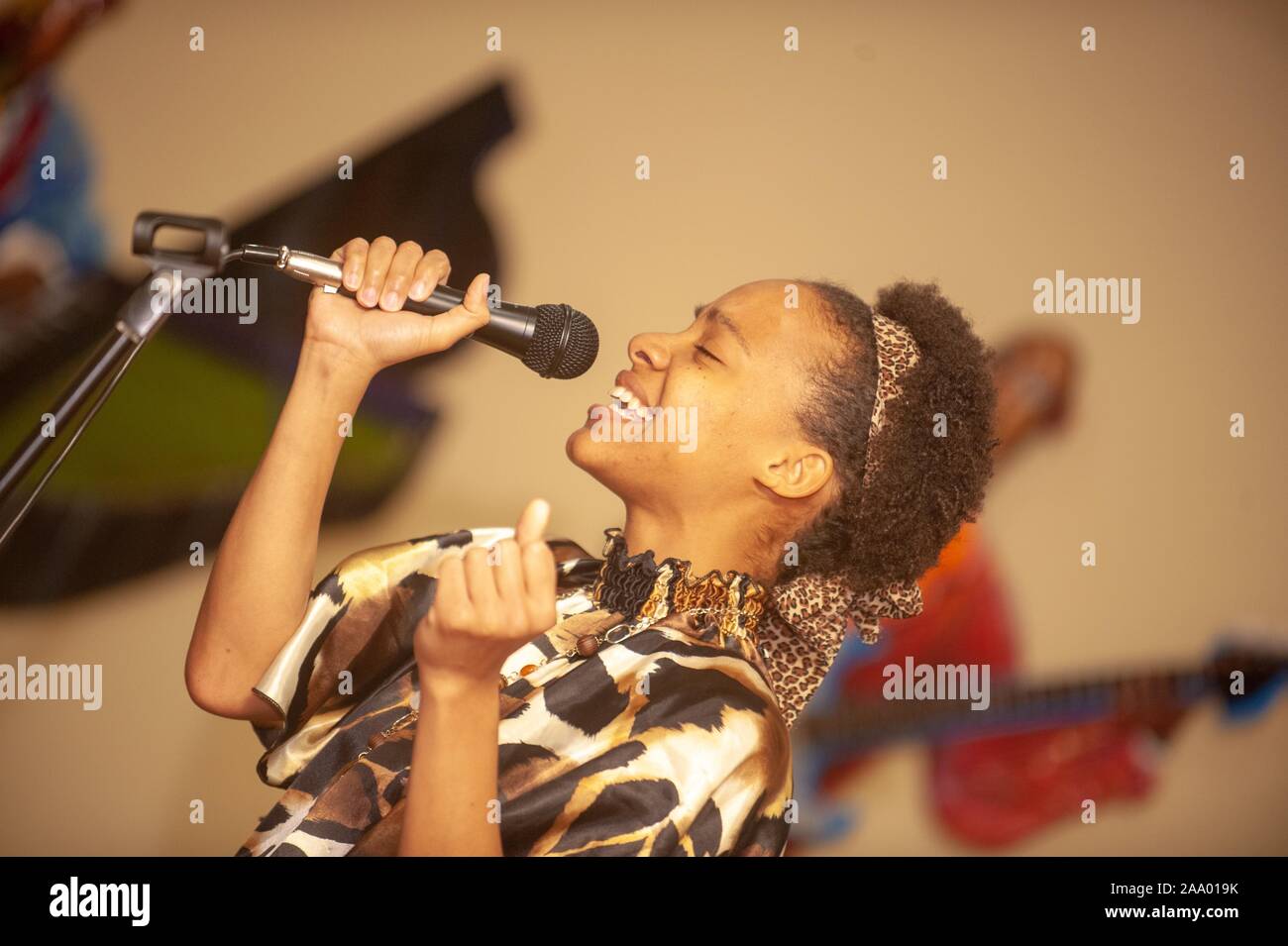 Angled profile shot, from the chest up, of a person speaking into a microphone during a Black History Month poetry slam event at the Johns Hopkins University, Baltimore, Maryland, February 7, 2009. From the Homewood Photography Collection. () Stock Photo