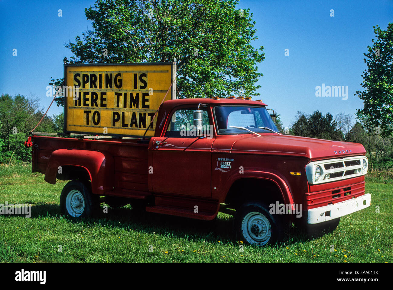 Vintage Pickup truck with a sign advertisement, Spring is here time to plant sign, Flemington, New Jersey, USA, vintage signage signs, May 2005 Stock Photo