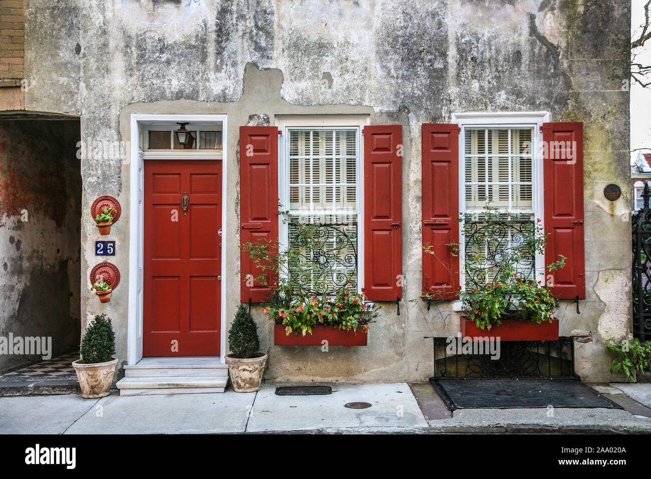 House windows with red shutters and red front door, Charleston, South Carolina, SC, USA, US, vintage window box garden plants house door image America Stock Photo