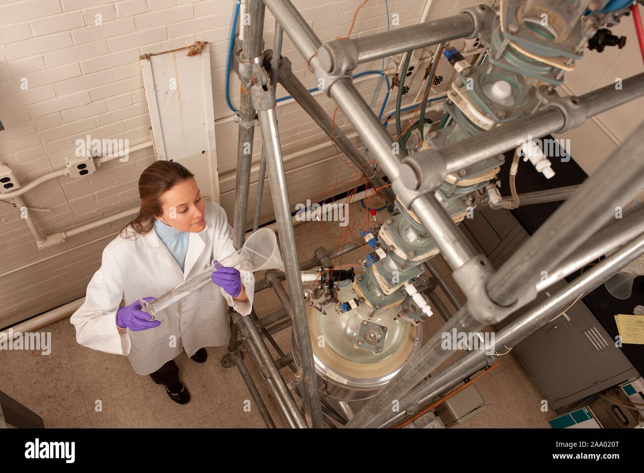 High-angle shot of Meredith Bauman, a Chemical and Biomolecular Engineering student, wearing a lab coat and gloves while pouring fluid from a beaker into a funnel attached to a tall piece of lab equipment, at the Johns Hopkins University, Baltimore, Maryland, February 26, 2009. From the Homewood Photography Collection. () Stock Photo