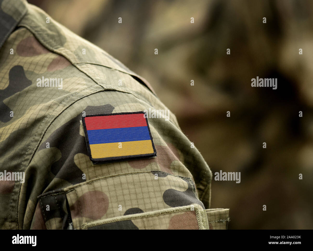Flag of Armenia on military uniform. Army, armed forces, soldiers. Collage. Stock Photo