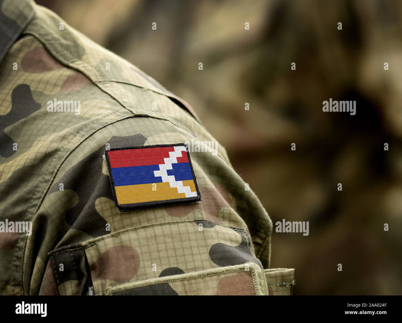 Flag of Artsakh on military uniform. Flag of the Republic of Artsakh and also known as Nagorno-Karabakh Republic on soldiers arm. Army, armed forces, Stock Photo