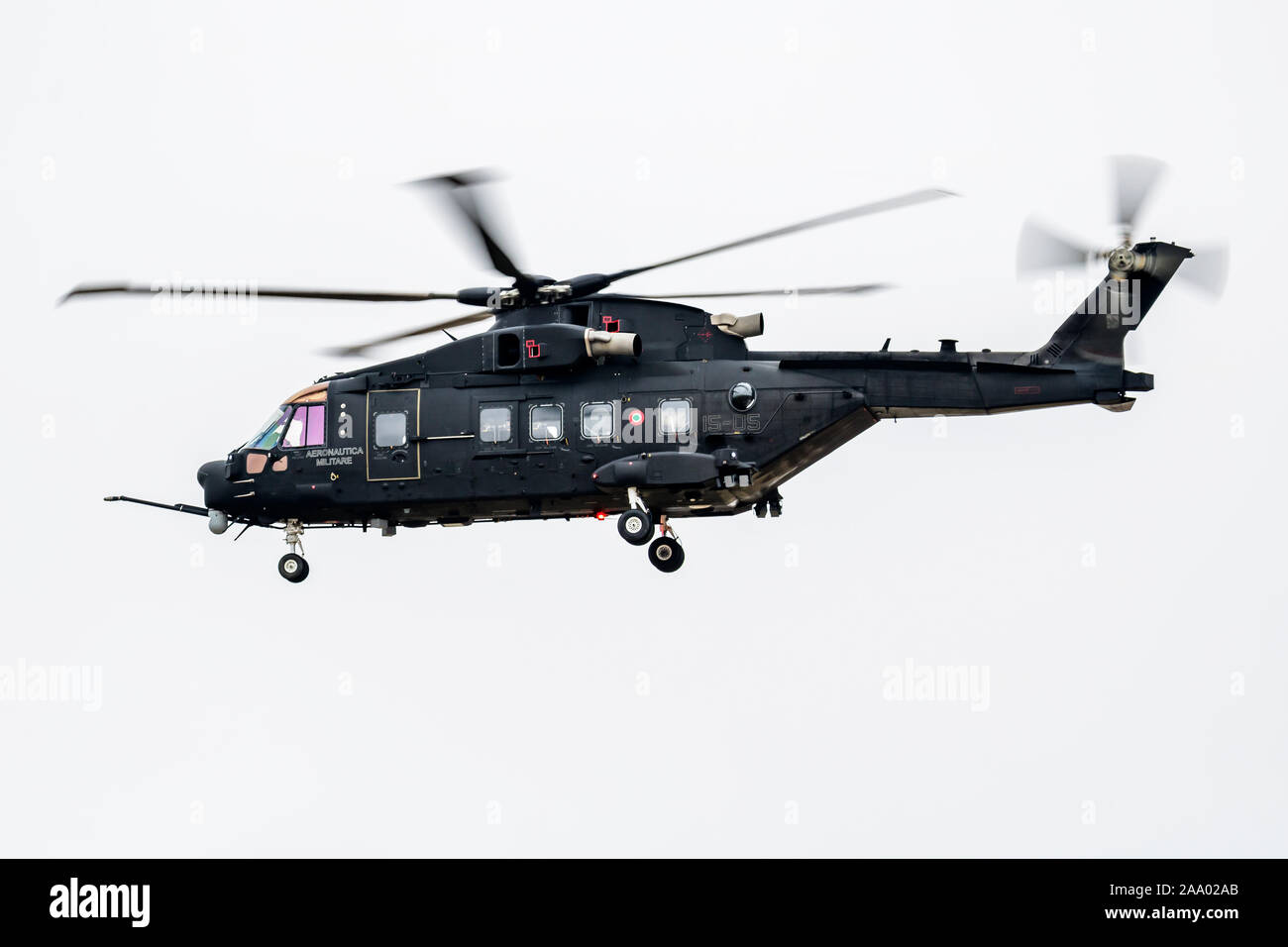 FAIRFORD / UNITED KINGDOM - JULY 12, 2018: Italian Air Force Leoanrdo HH-101A Ceasar MM81868 spec ops helicopter arrival and landing for RIAT Royal In Stock Photo