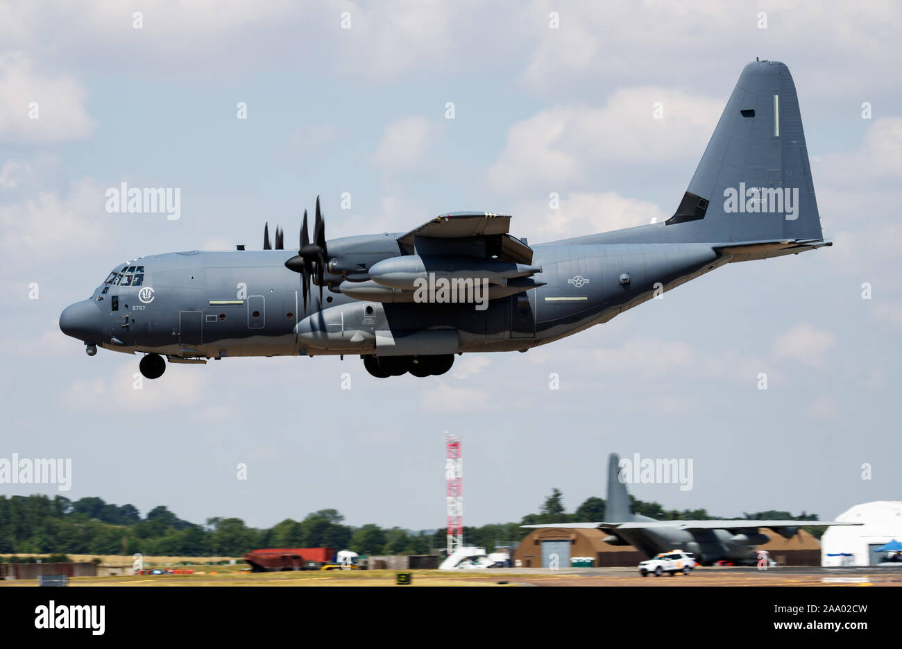 FAIRFORD / UNITED KINGDOM - JULY 12, 2018: United States Air Force USAF Lockheed MC-130J spec ops aircraft arrival and landing for RIAT Royal Internat Stock Photo