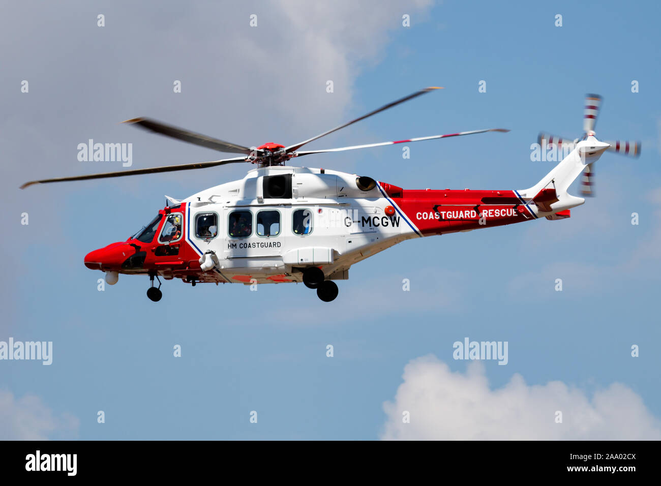 FAIRFORD / UNITED KINGDOM - JULY 12, 2018: HM Coastguard AgustaWestland AW-189 G-MCGW search and rescue helicopter arrival and landing for RIAT Royal Stock Photo