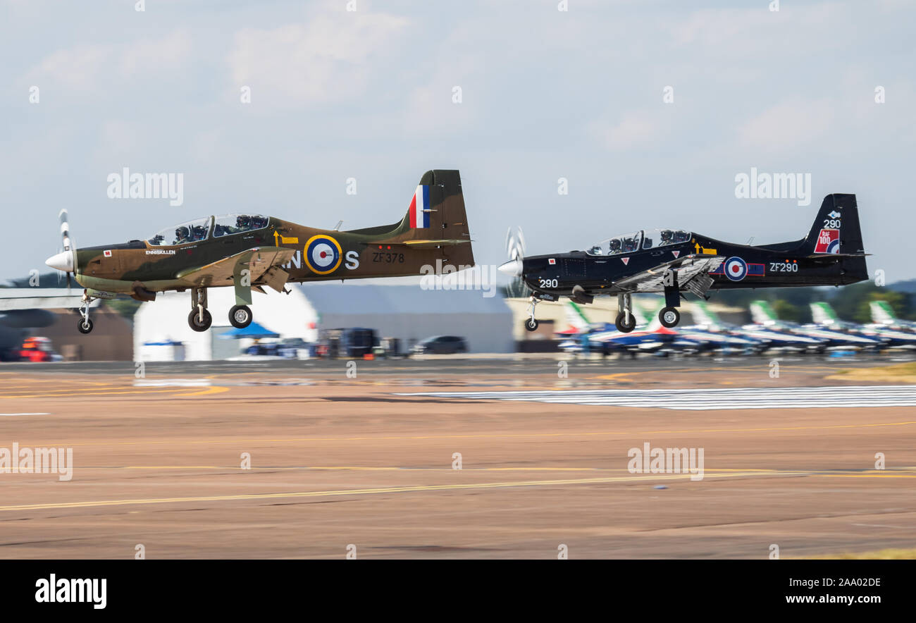 FAIRFORD / UNITED KINGDOM - JULY 12, 2018: Royal Air Force Short S-312 Tucano T1 trainer aircrafts arrival for RIAT Royal International Air Tattoo 201 Stock Photo