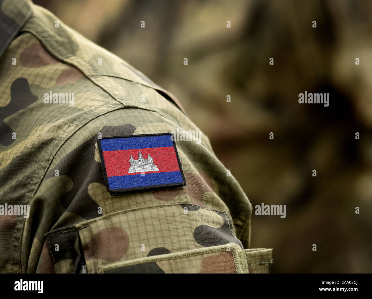 Flag of Cambodia on military uniform. Army, armed forces, soldiers. Collage. Stock Photo