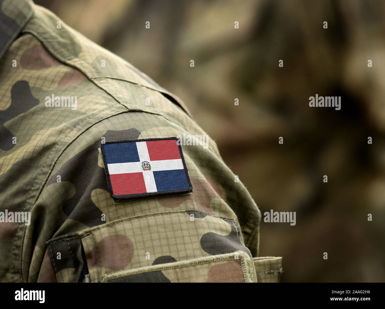 Flag of Dominican Republic on military uniform. Army, armed forces, soldiers. Collage. Stock Photo