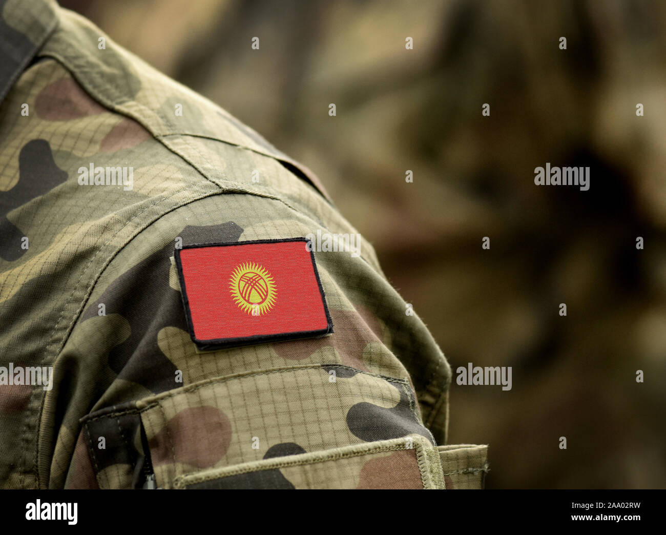 Flag of Kyrgyzstan on military uniform. Army, armed forces, soldiers. Collage. Stock Photo