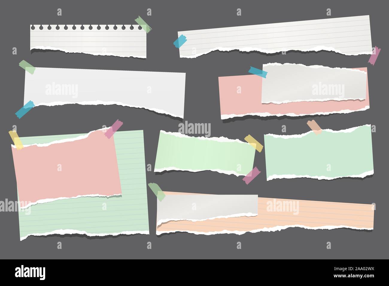 Set of torn white and colorful note, notebook paper strips and pieces ...