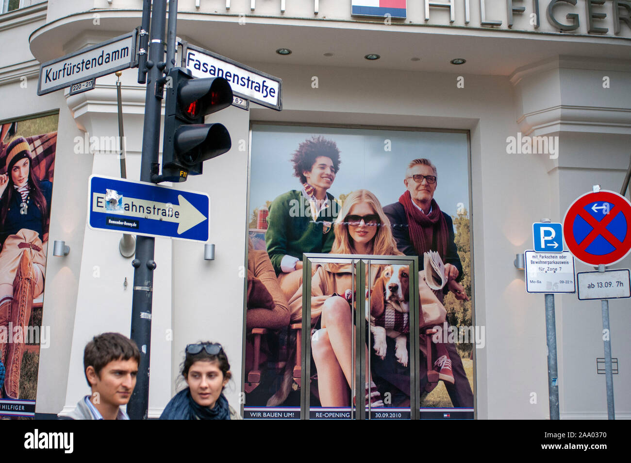 Confluence of fasanenstrasse and kurfürstenstrasse streets. Tommy Hilfiger. Berlin Germany. Berlin is a shopping paradise. From traditional and new de Stock Photo