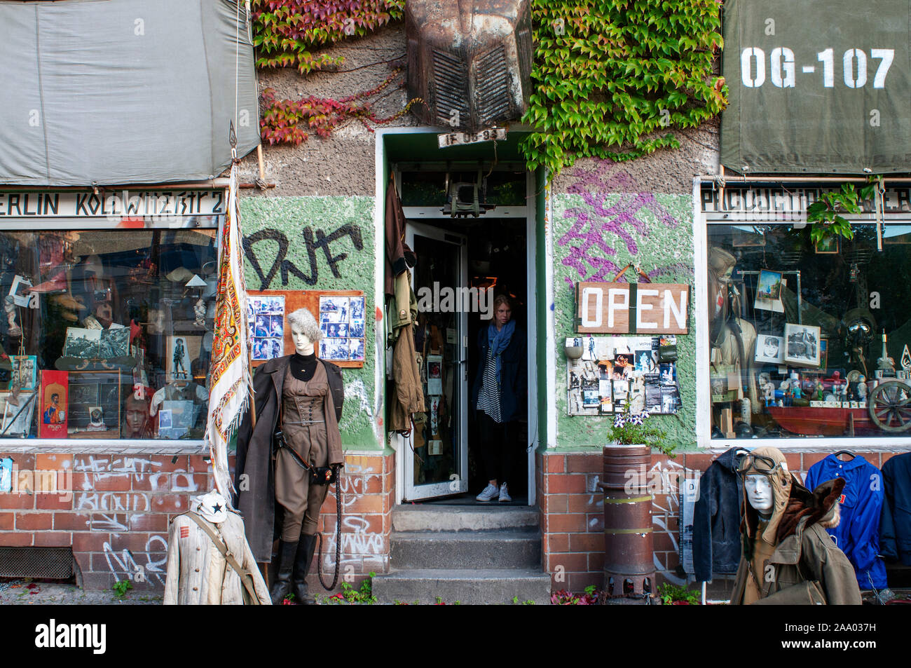 Vintage war clothes shop in Berlin Kollwitzplatz in Prenzlauer Berg in Berlin Germany Stock Photo