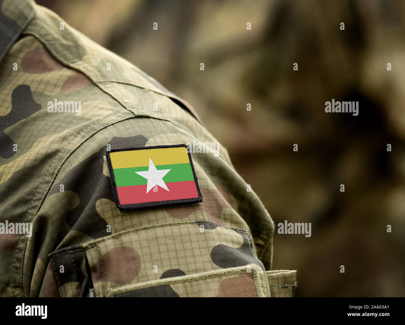 Flag of Myanmar and also known as Burma on military uniform. Army, armed forces, soldiers. Collage. Stock Photo