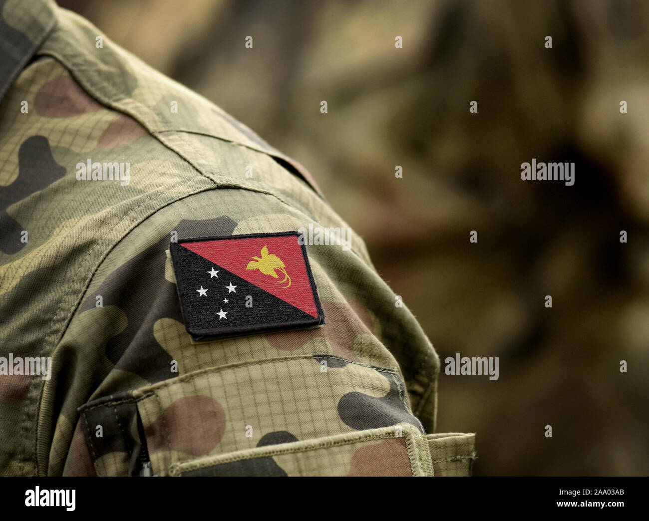 Flag of Papua New Guinea on military uniform. Army, armed forces, soldiers. Collage. Stock Photo