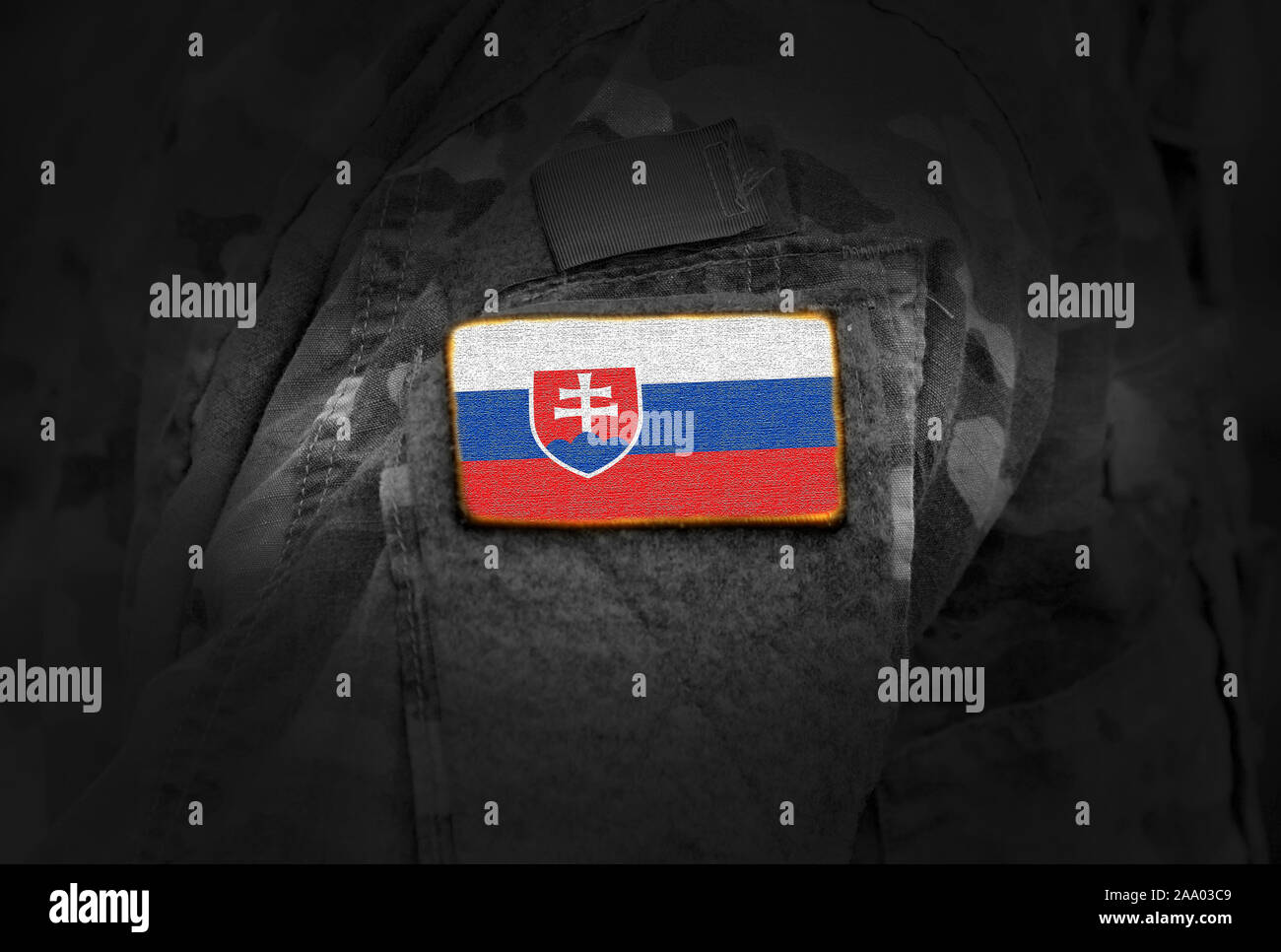 Flag of Slovakia on military uniform. Army, armed forces, soldiers. Collage. Stock Photo