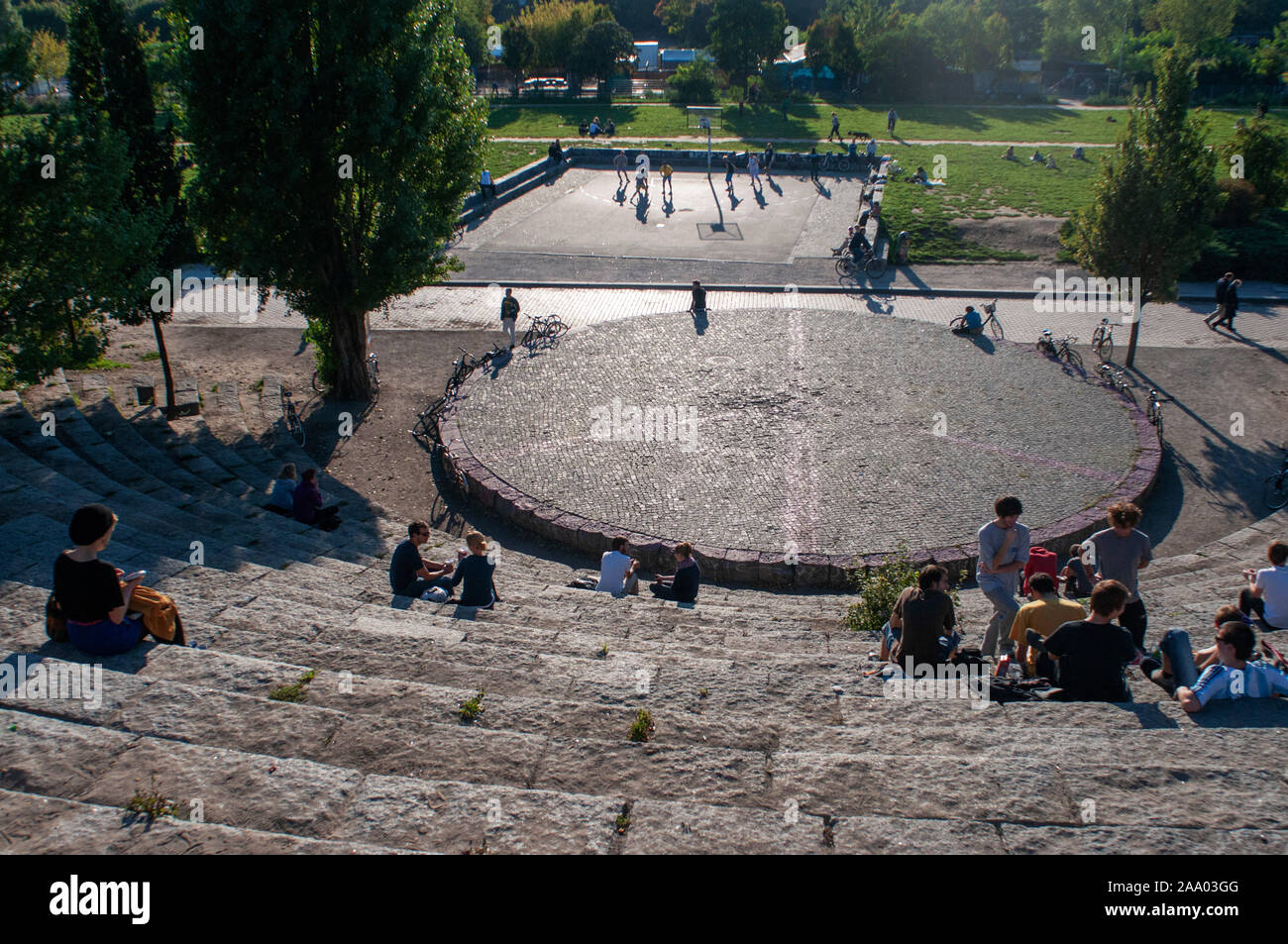 Mauerpark, Berlin people at outdoor amphitheatre wait for entertainers and street performers in Berlin Germany Stock Photo