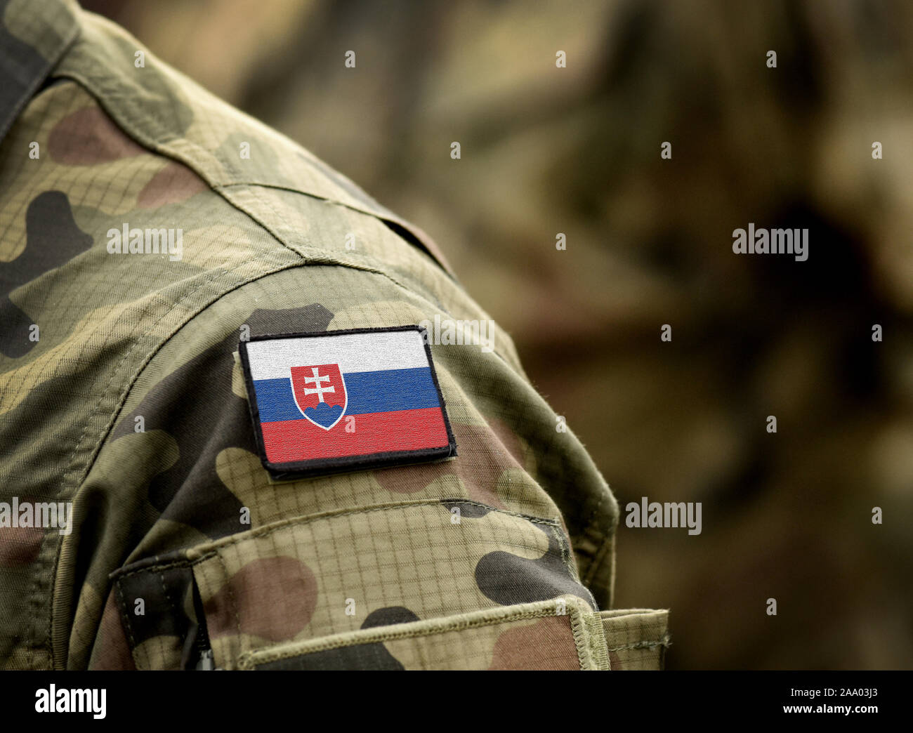 Flag of Slovakia on military uniform. Army, armed forces, soldiers. Collage. Stock Photo