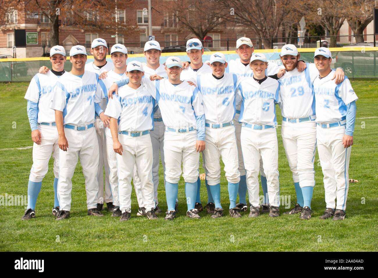 Blue Jays men's baseball team poses for a group photograph at the Johns Hopkins University in Baltimore, Maryland, April 13, 2009. From the Homewood Photography collection. () Stock Photo