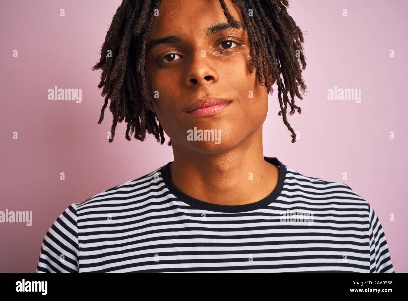 Afro American Man With Dreadlocks Wearing Navy Striped T